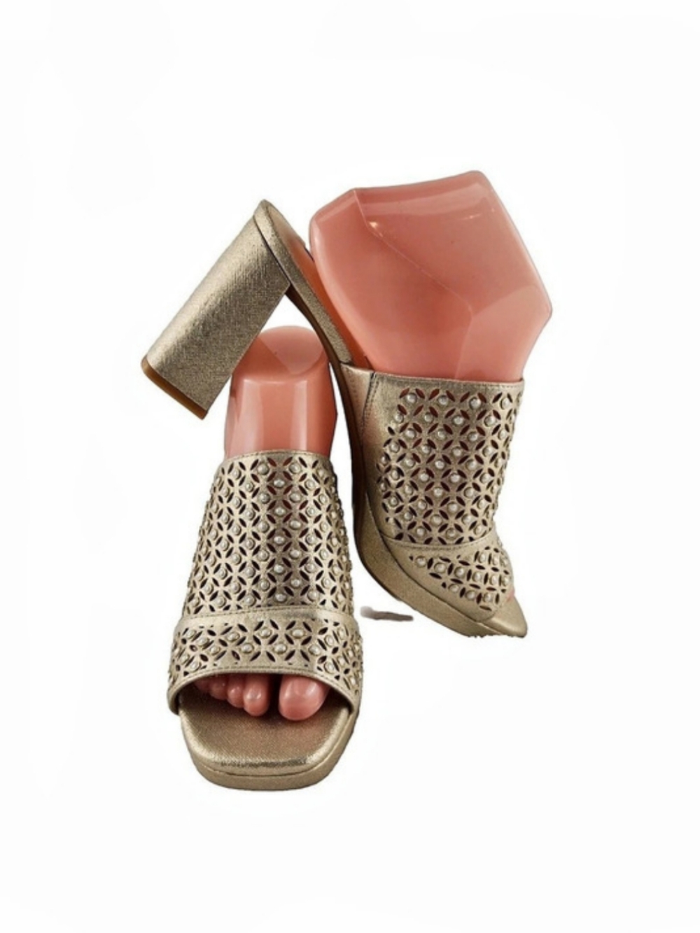 Alex Marie Women's Size 10 M Fabric Laser Cut Gold Rhinestones Heel Sandals 236